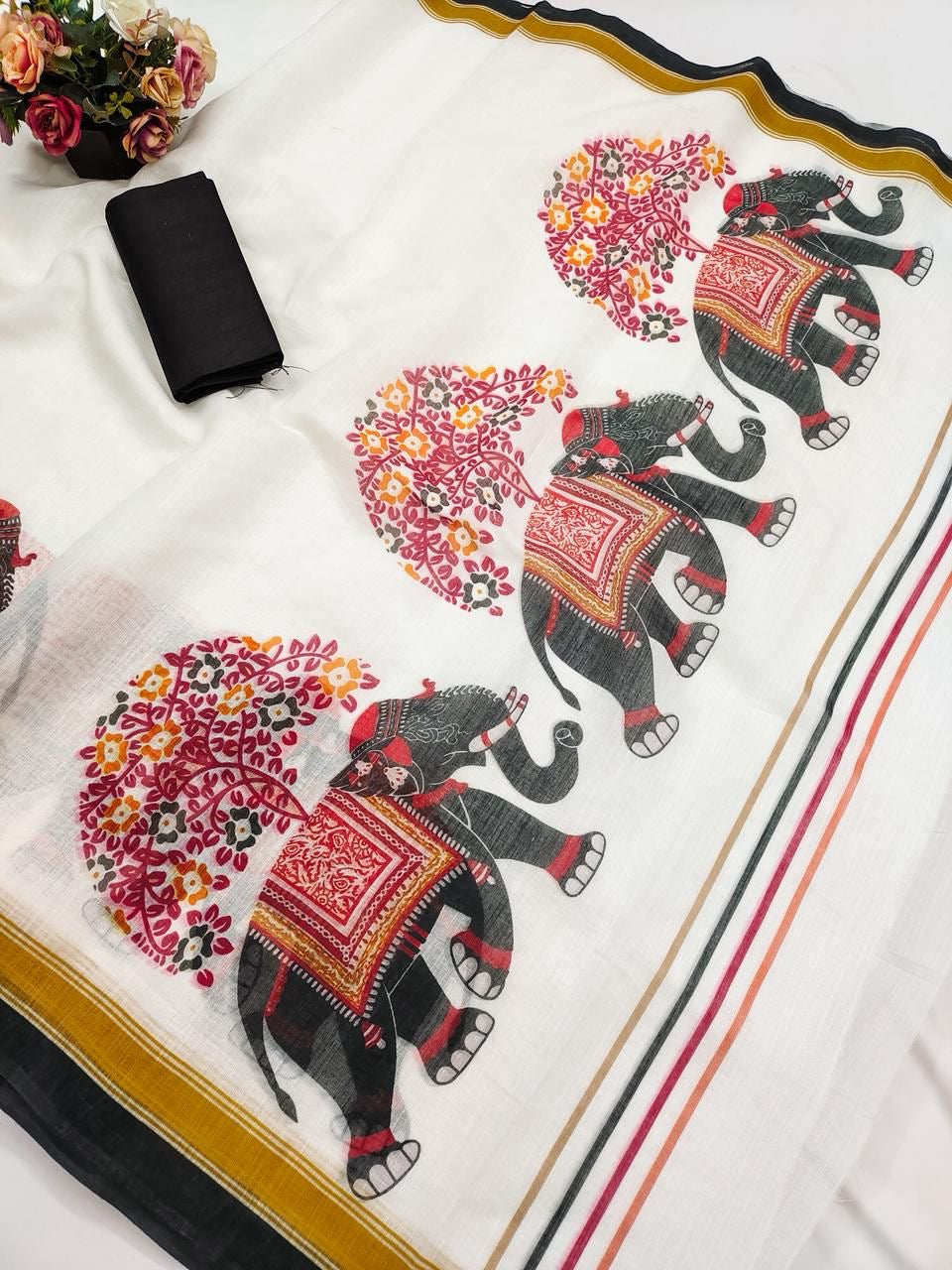 Linen Cotton Digital Printed Saree with Satin Banglory Blouse