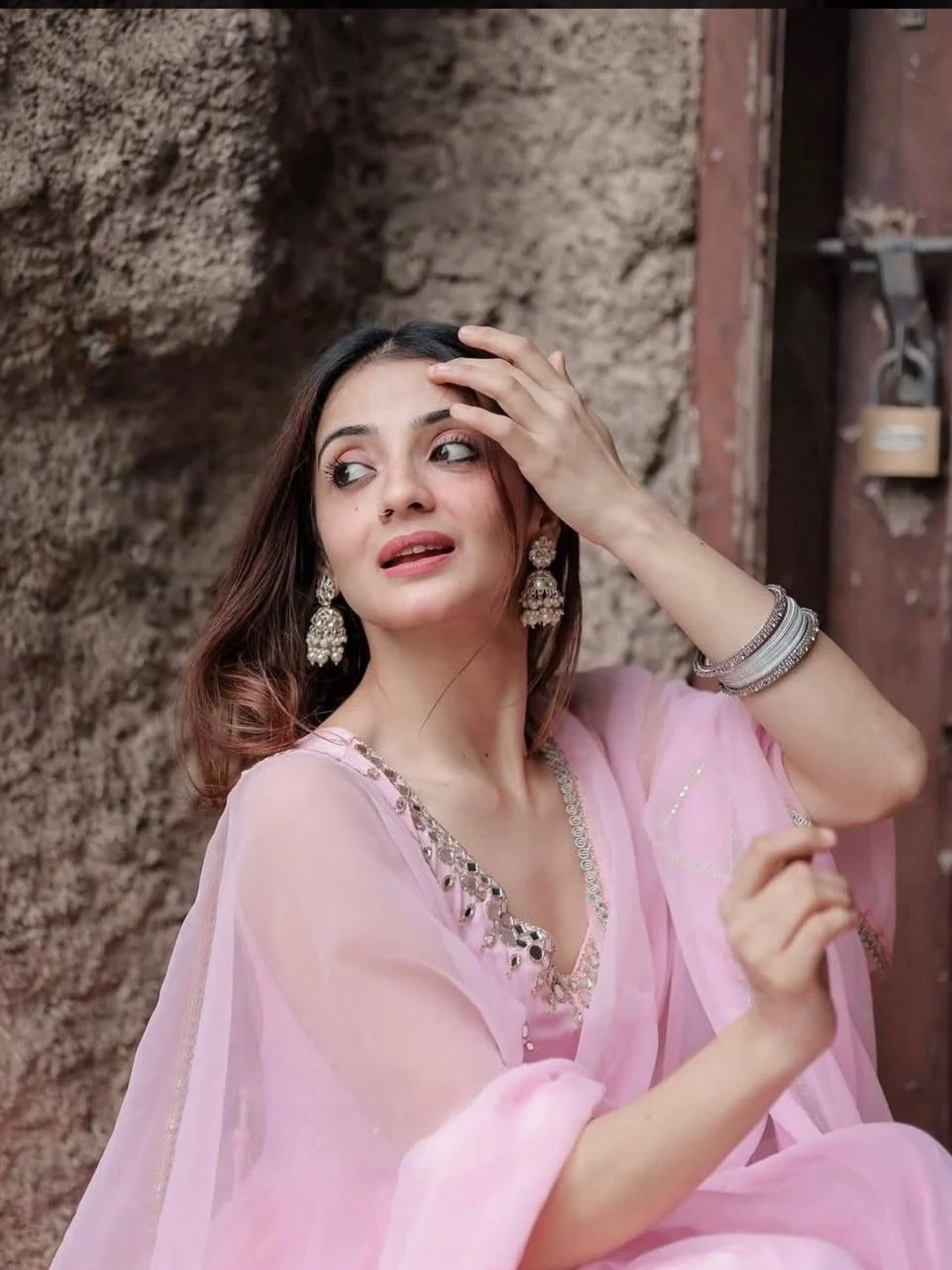 Blush Pink Faux Georgette Mirror Work Gown Set with Dupatta