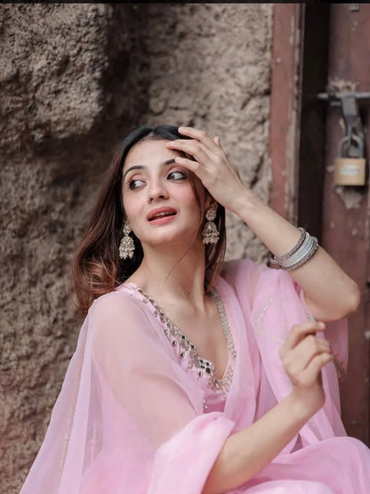 Blush Pink Faux Georgette Mirror Work Gown Set with Dupatta