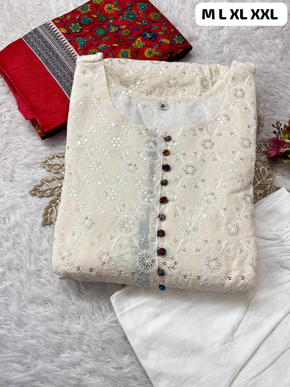 Pure Chikankari Cotton Anarkali Kurti Set with Pants & Chanderi Dupatta – Summer Ethnic Wear