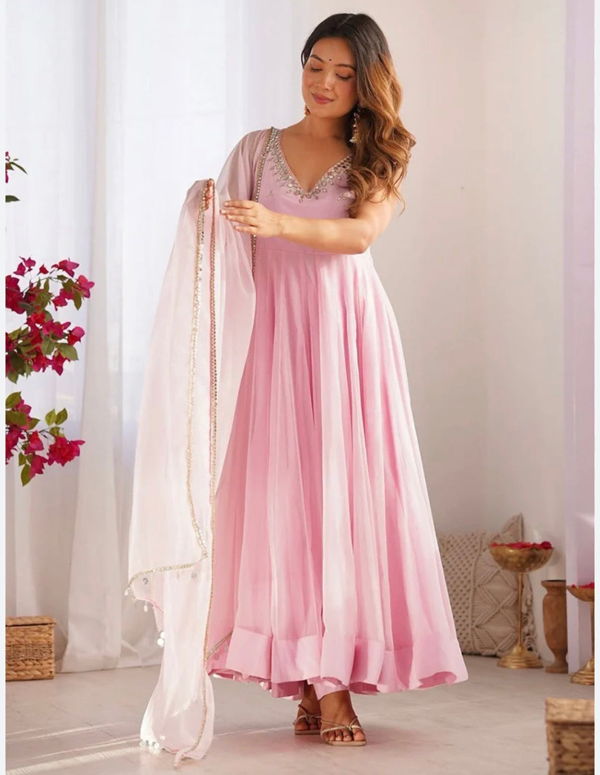 Blush Pink Faux Georgette Mirror Work Gown Set with Dupatta