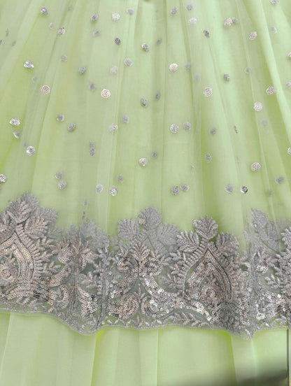 Faux Georgette Gown Lehenga Set with Sequins Work & Net Dupatta