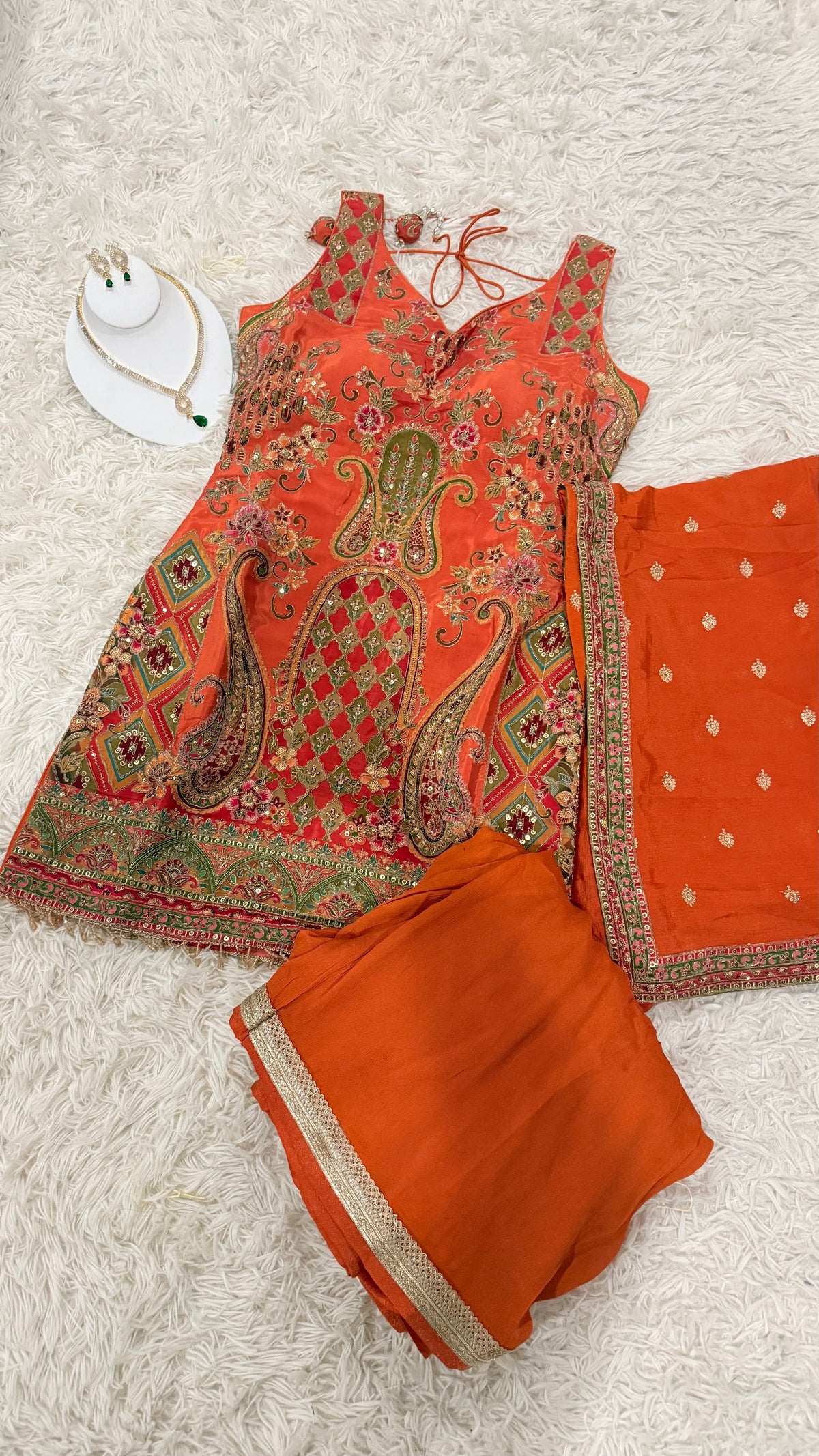 Royal Orange Silk Embroidered Sharara Suit Set with Paisley Border