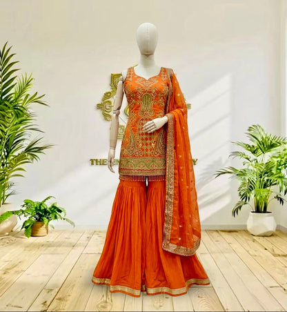 Royal Orange Silk Embroidered Sharara Suit Set with Paisley Border