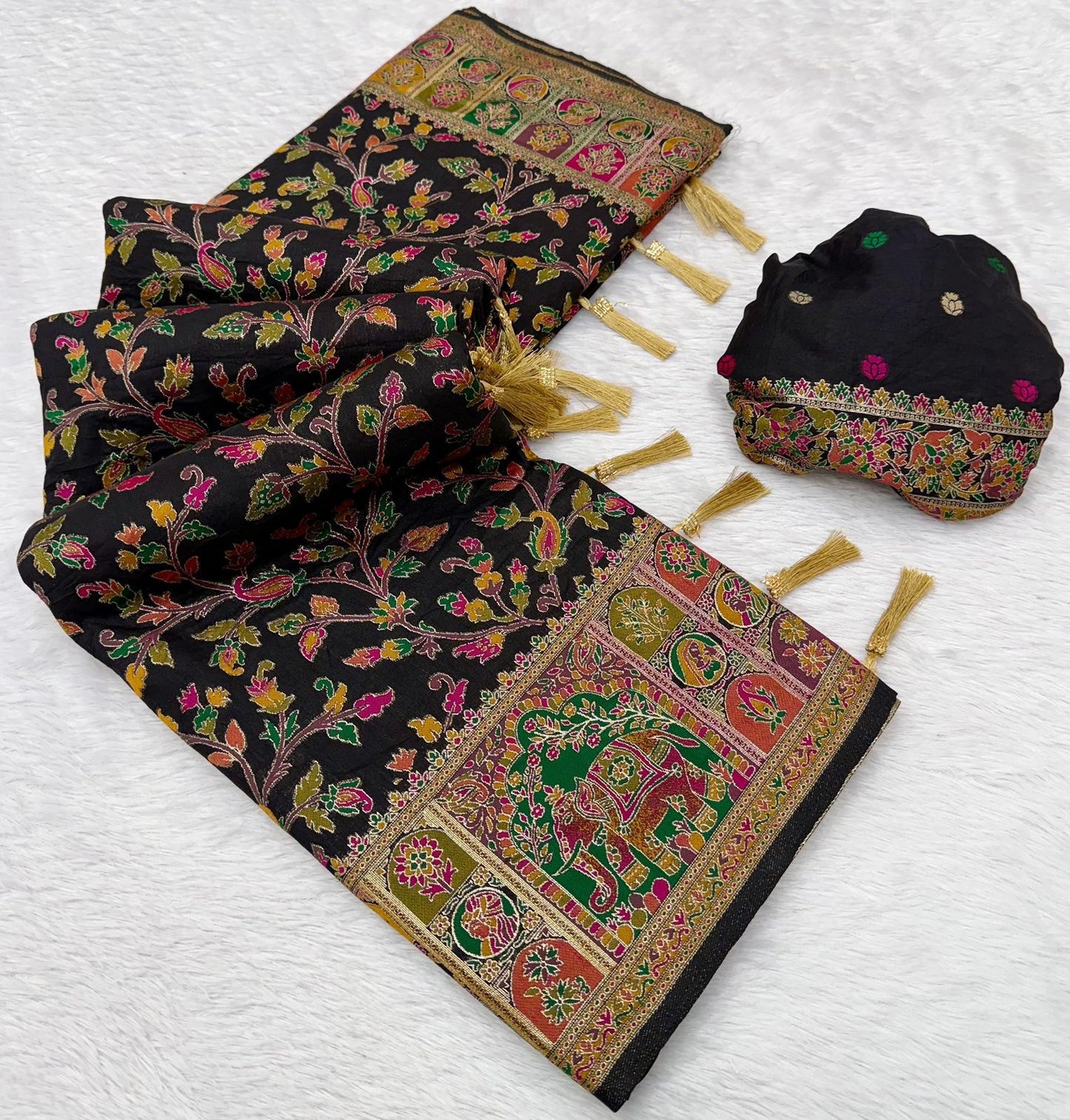Pure Rajwadi Pashmina Silk Weaving Saree - Hand Dyed Kashmiri Pallu