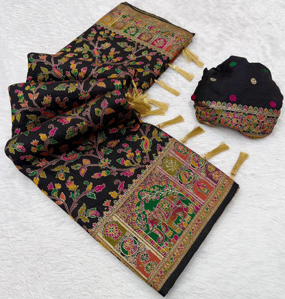 Pure Rajwadi Pashmina Silk Weaving Saree - Hand Dyed Kashmiri Pallu