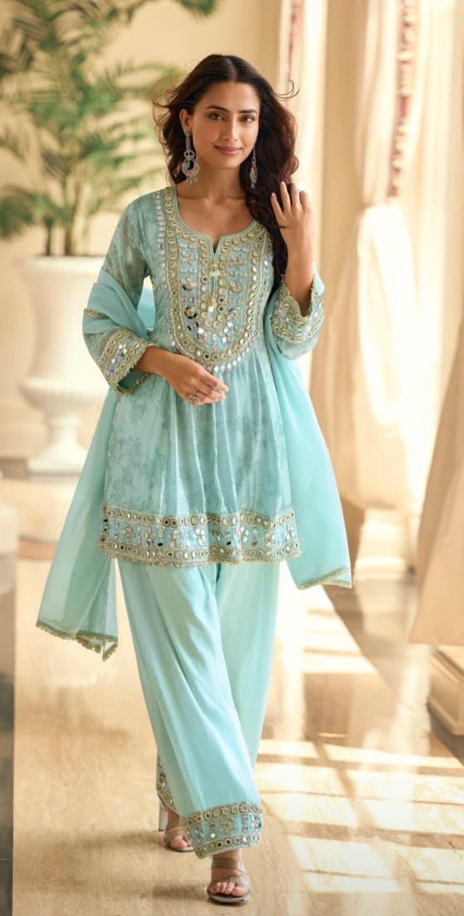 Mirror Work Simar Silk Suit Set with Embroidered Dupatta