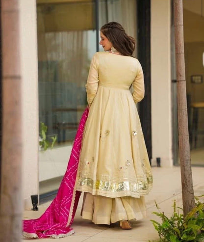 Pure Handmade Chinon Anarkali Palazzo Set with Bandhani Dupatta