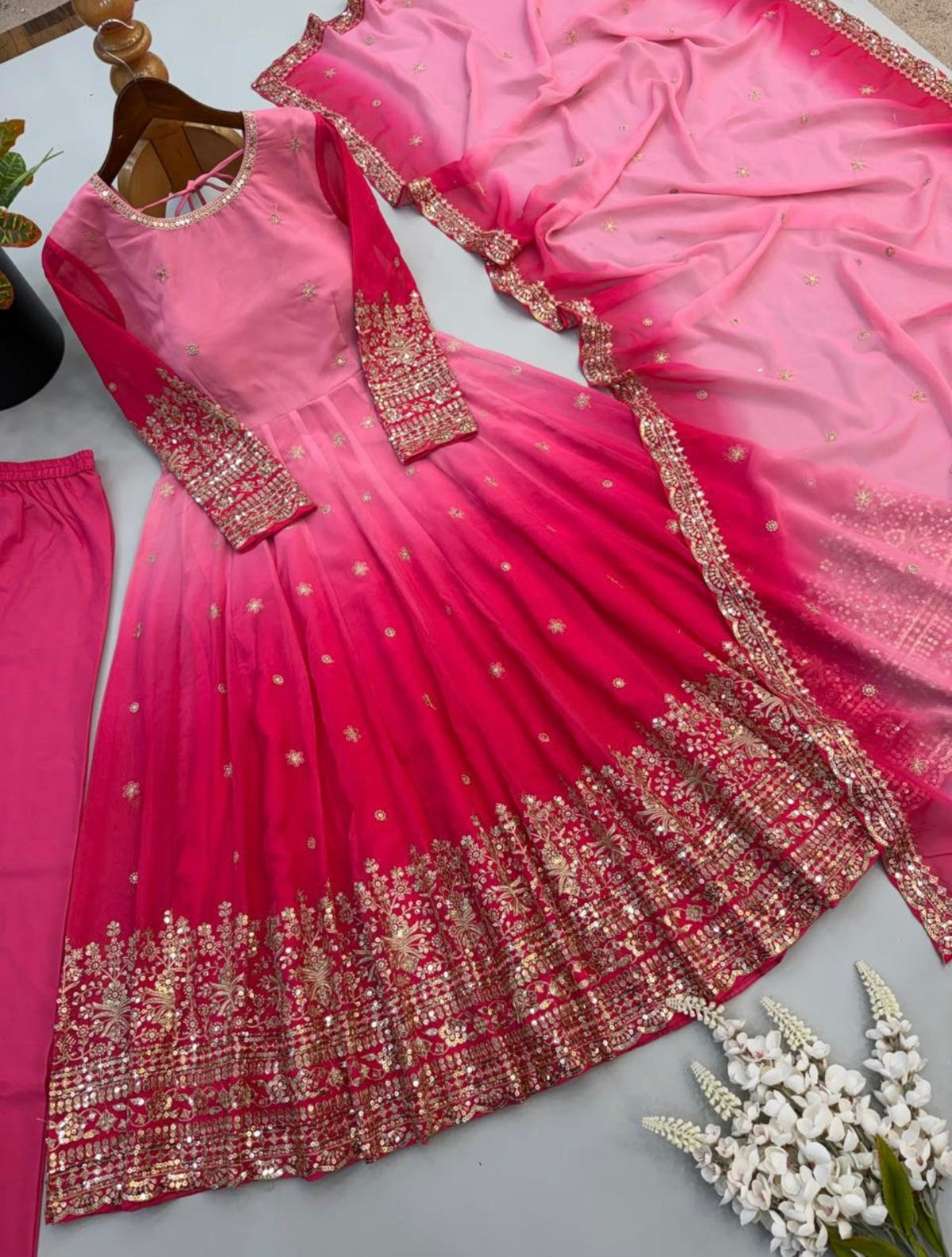 Festive Trending Designer Georgette Gown Set with Sequin Embroidery