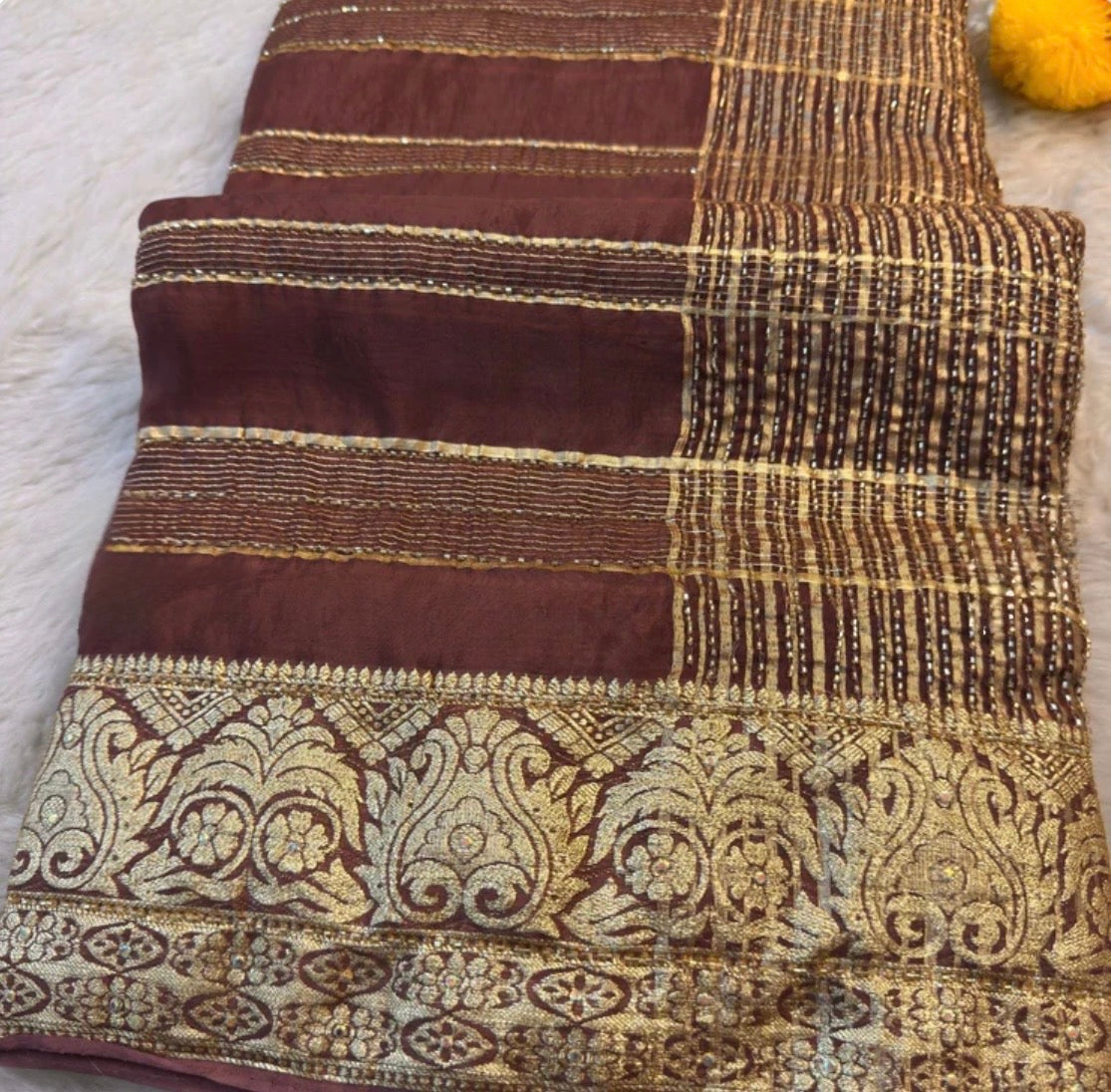 HO Silk Saree with Golden Zari Border & Sequin Work