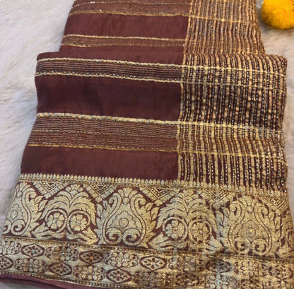 HO Silk Saree with Golden Zari Border & Sequin Work