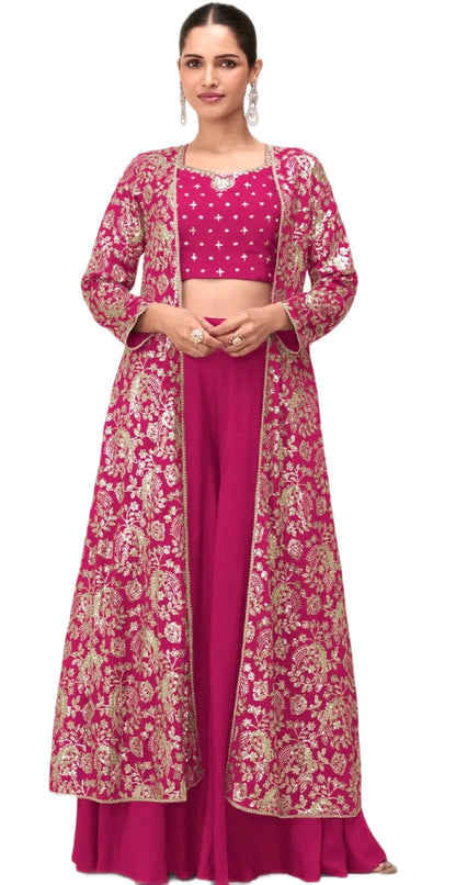 Chinon Silk Embroidered Long Jacket With Palazzo Set