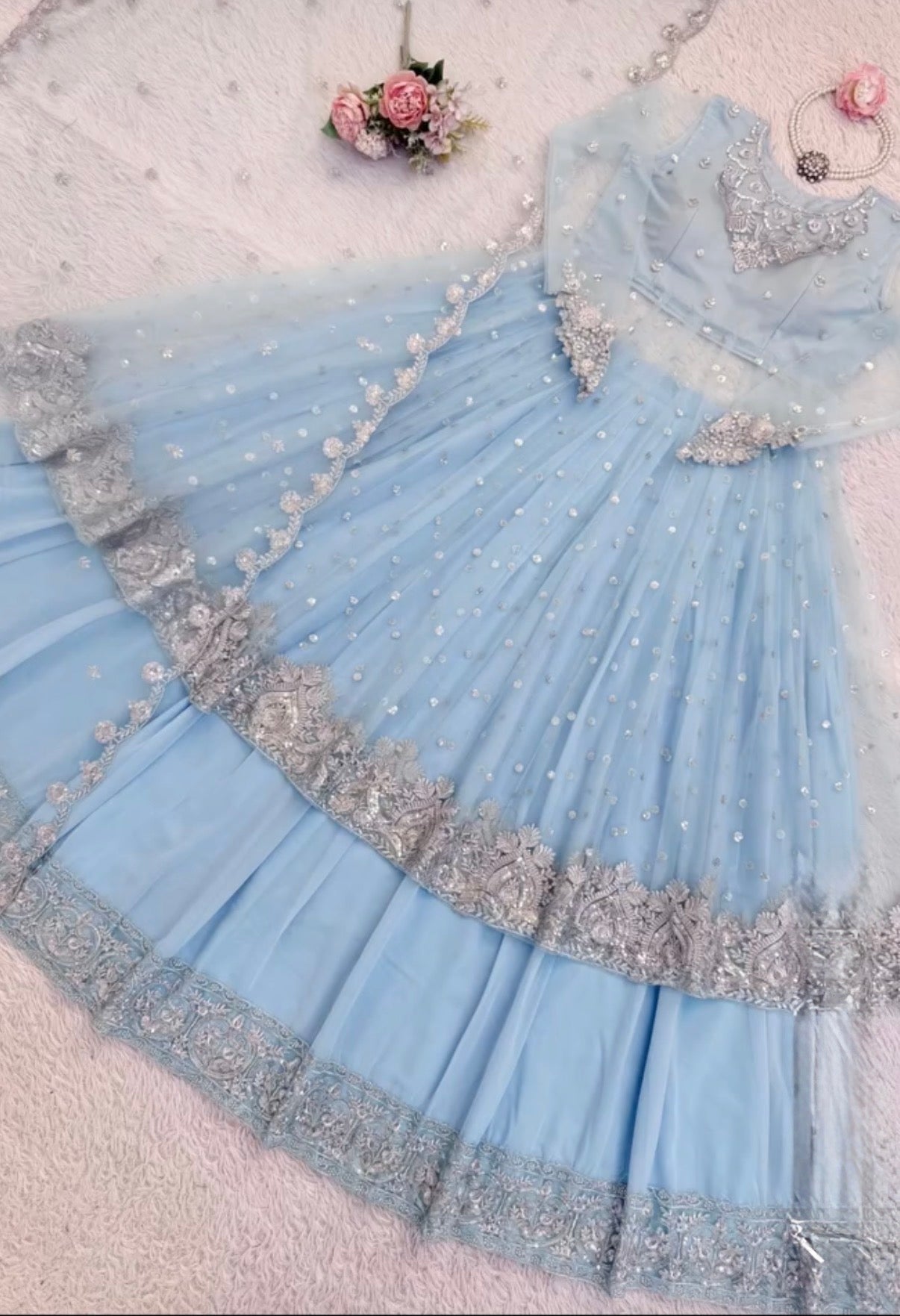 Faux Georgette Gown Lehenga Set with Sequins Work & Net Dupatta