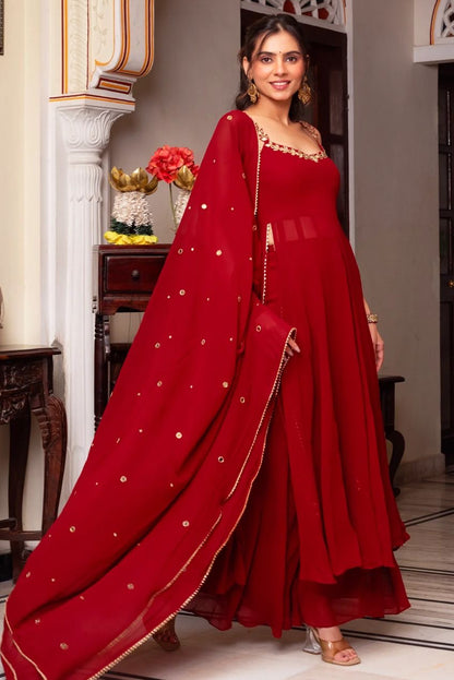 Red Hand Mirror Work Anarkali Suit Set with Palazzo & Dupatta