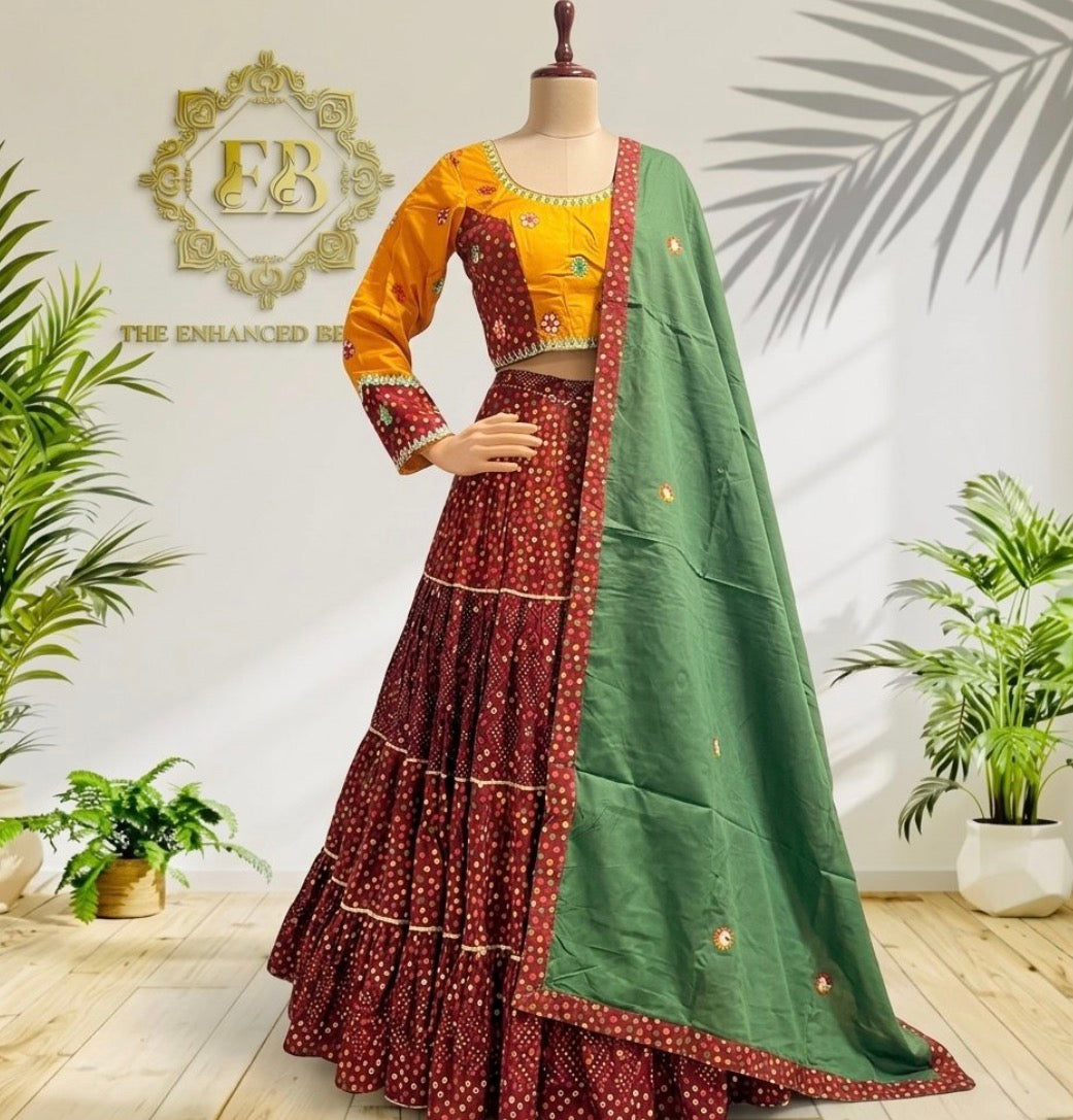 Pure Ikkat Cotton Navratri Lehenga Choli with Mirror Work Blous