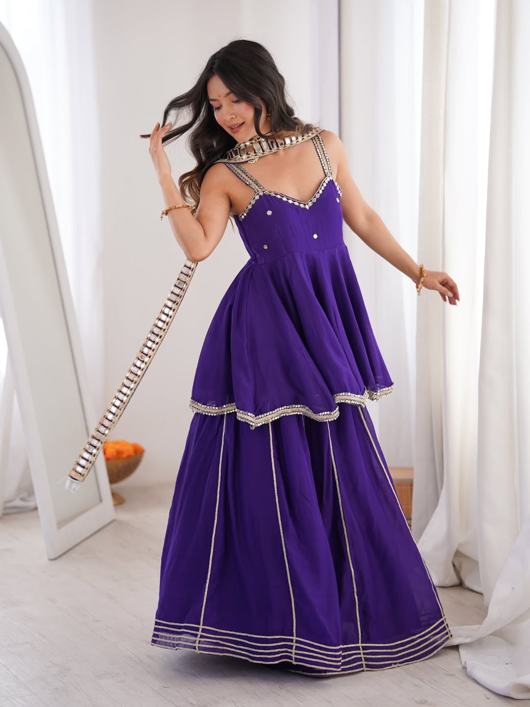 Purple Chinon Mirror Work Palazzo Set