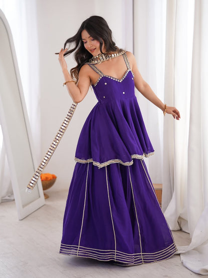 Purple Chinon Mirror Work Palazzo Set