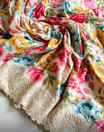 Floral Tussar Silk Saree with Cutwork Embroidered Border