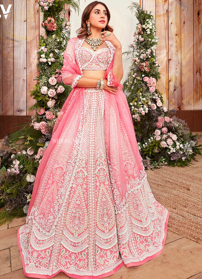 Jasmine Pink Bridal Lehenga Set – Hand-Embroidered Raw Silk with Double Dupattas