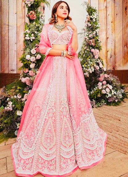 Jasmine Pink Bridal Lehenga Set – Hand-Embroidered Raw Silk with Double Dupattas | The "Gulabi-Pistachio" Dream Lehenga Set