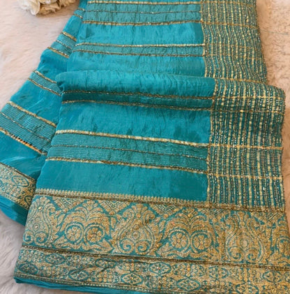 HO Silk Saree with Golden Zari Border & Sequin Work