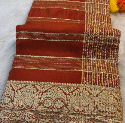 HO Silk Saree with Golden Zari Border & Sequin Work