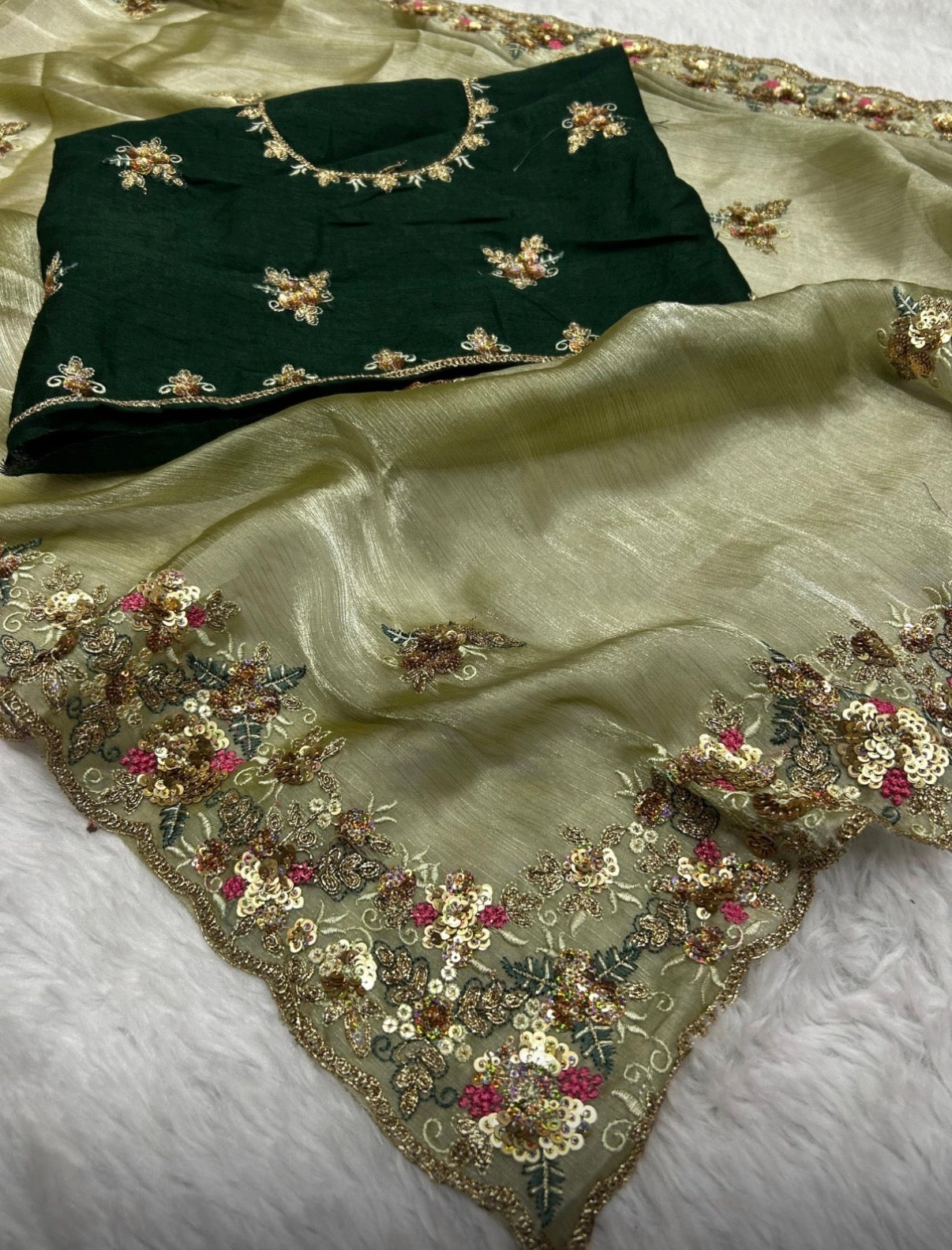 Exclusive Jimmy Choo Embroidered Saree with Heavy C-Pallu - Multi-Color Sequin & Zari Work