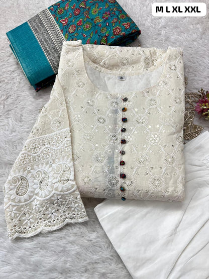 Pure Chikankari Cotton Anarkali Kurti Set with Pants & Chanderi Dupatta – Summer Ethnic Wear
