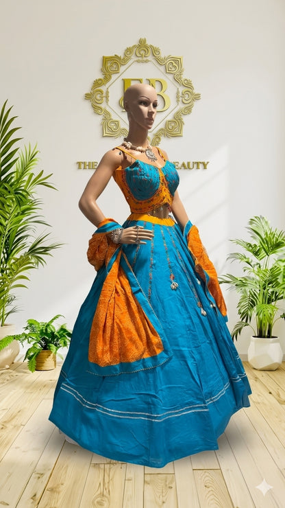 Vibrant Sky Blue Lehenga Choli with Mustard yellow Dupatta (Beach Sunset Theme)