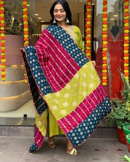 Lemon Viscose Chanderi Embroidered Kurta Pant Dupatta Set