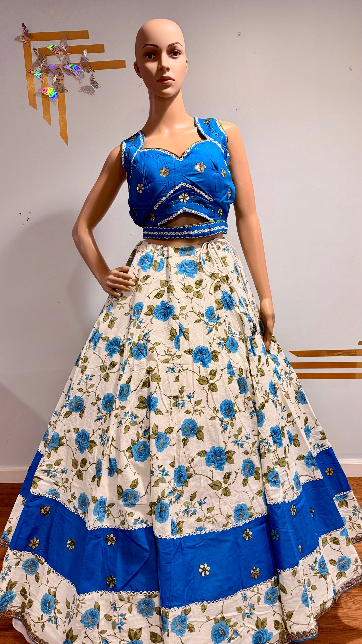 White & Blue Floral Camric Cotton Chaniya Choli & Olive Green Dupatta