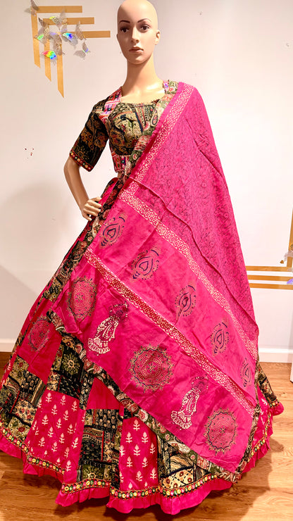 Pure Camric Cotton Lehenga Choli with Mal Cotton Handblock Dupatta – 8 Mtr Flare