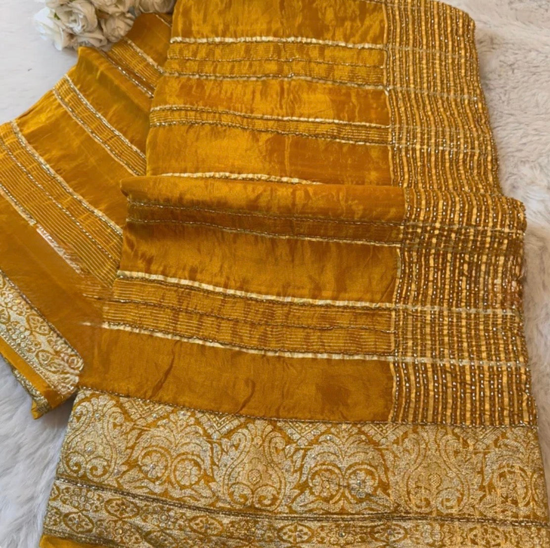 HO Silk Saree with Golden Zari Border & Sequin Work