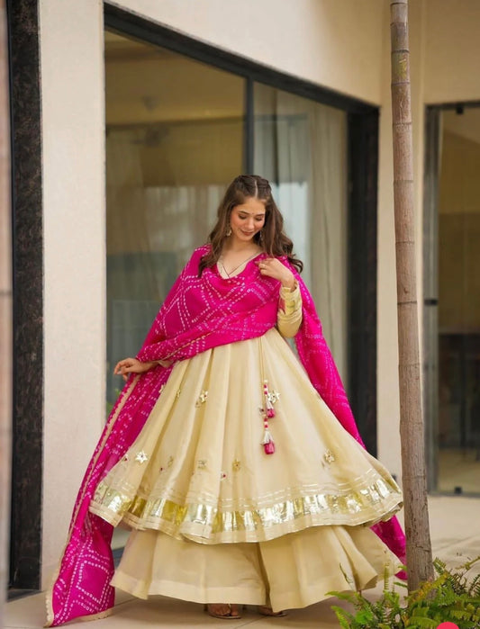 Pure Handmade Chinon Anarkali Palazzo Set with Bandhani Dupatta