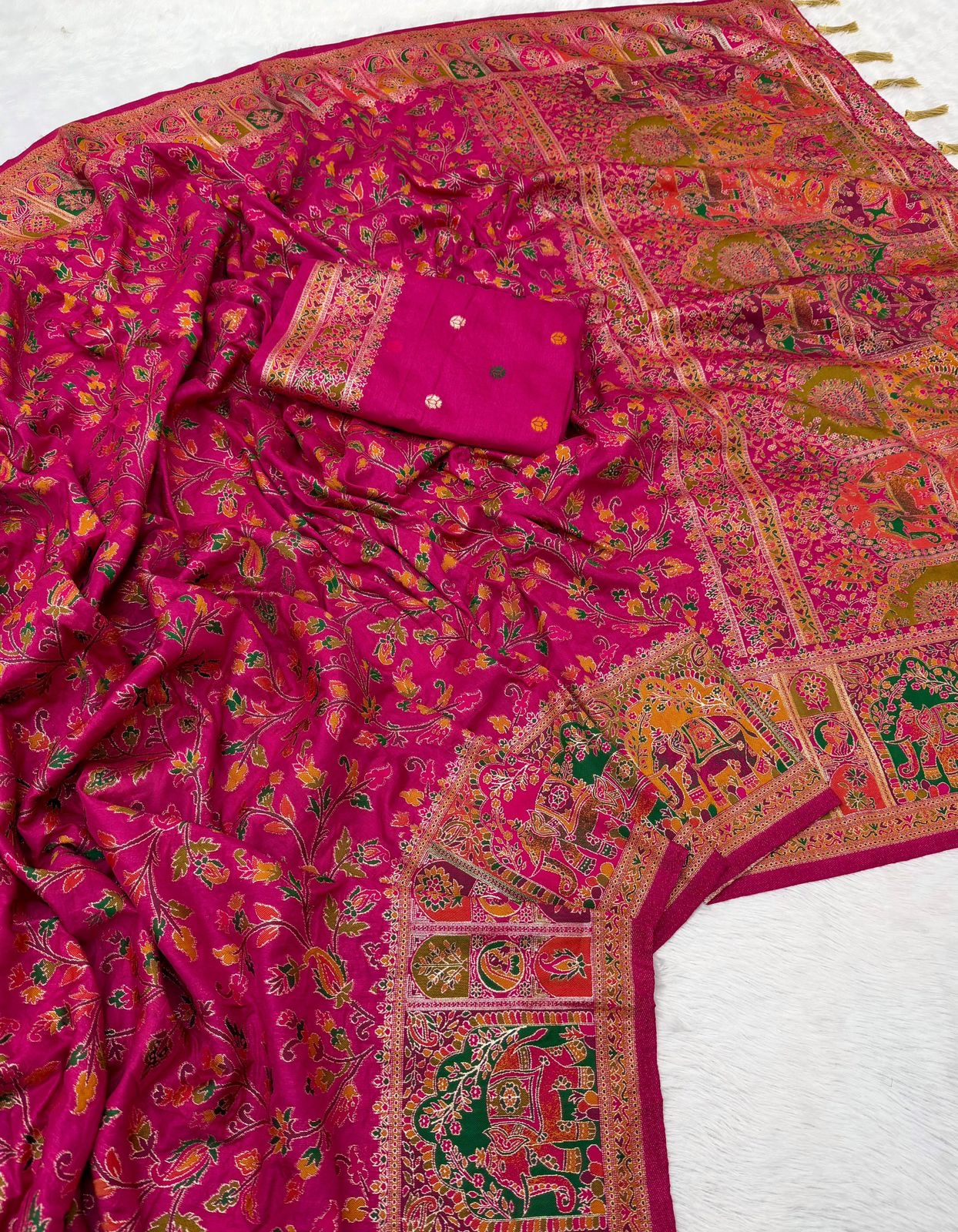 Pure Rajwadi Pashmina Silk Weaving Saree - Hand Dyed Kashmiri Pallu