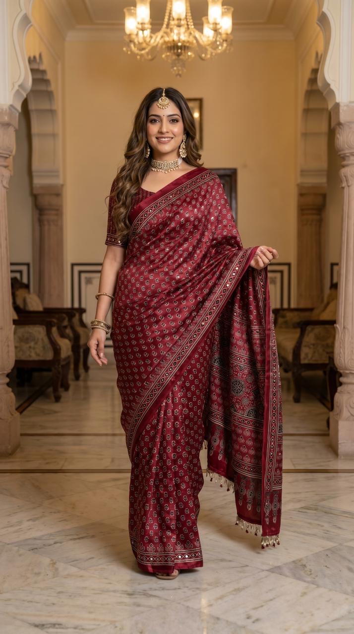 Ajrakh Print Satin Saree with Mirror Work & Moti Latkan