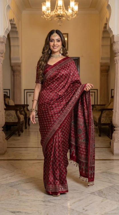 Ajrakh Print Satin Saree with Mirror Work & Moti Latkan