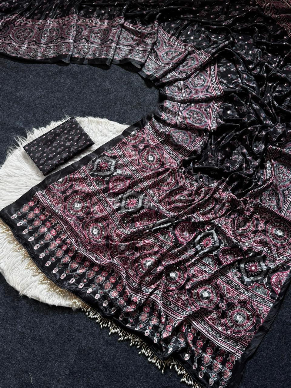 Ajrakh Print Satin Saree with Mirror Work & Moti Latkan
