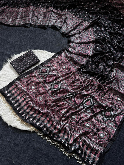 Ajrakh Print Satin Saree with Mirror Work & Moti Latkan