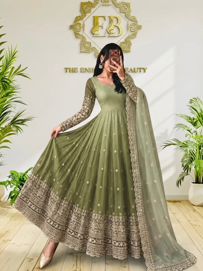 Festive Trending Designer Georgette Gown Set with Sequin Embroidery