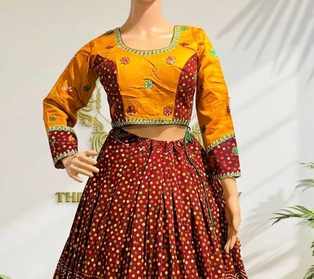 Pure Ikkat Cotton Navratri Lehenga Choli with Mirror Work Blous