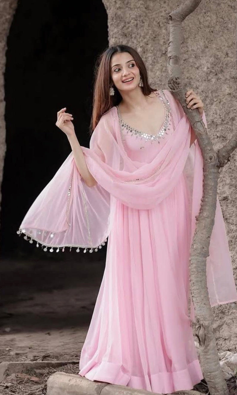 Blush Pink Faux Georgette Mirror Work Gown Set with Dupatta