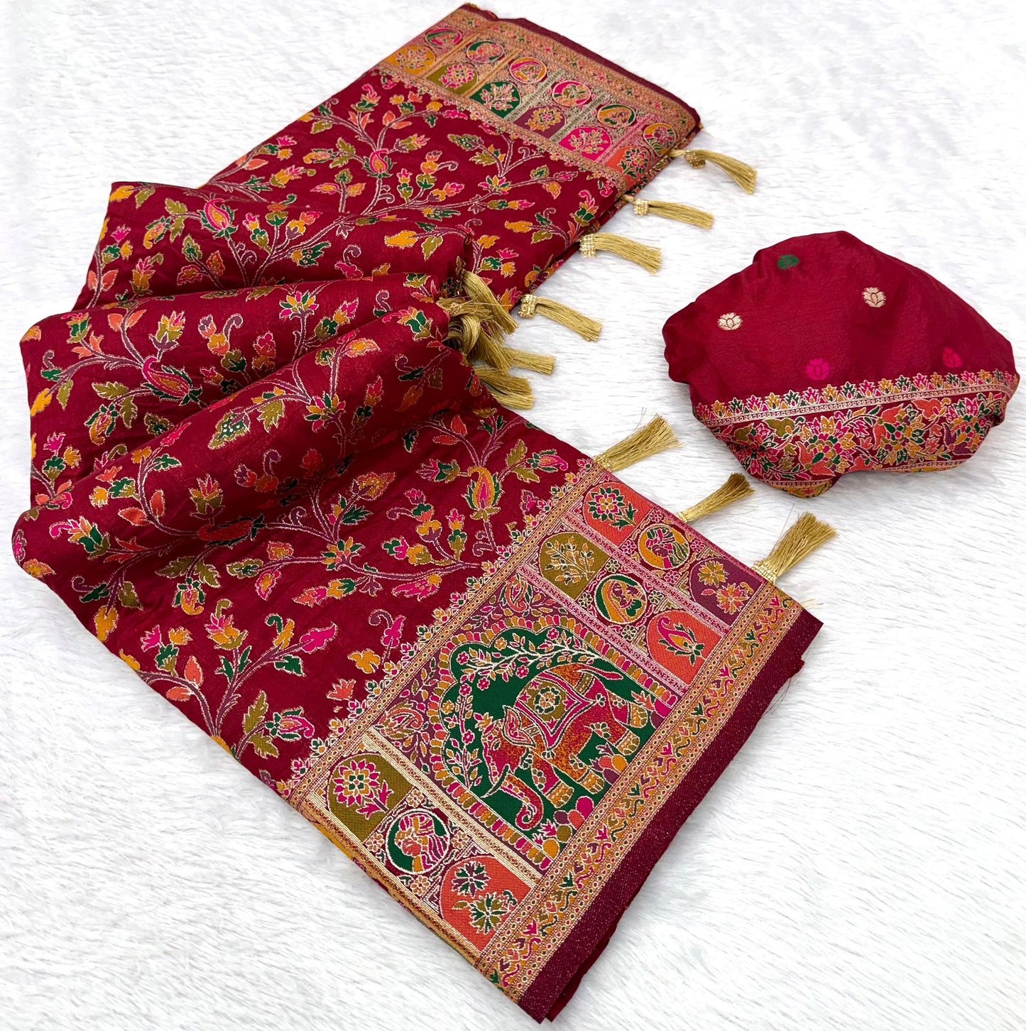 Pure Rajwadi Pashmina Silk Weaving Saree - Hand Dyed Kashmiri Pallu
