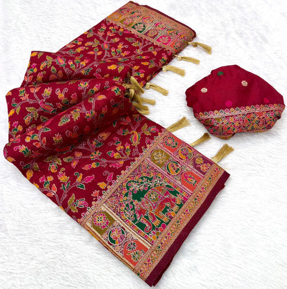 Pure Rajwadi Pashmina Silk Weaving Saree - Hand Dyed Kashmiri Pallu
