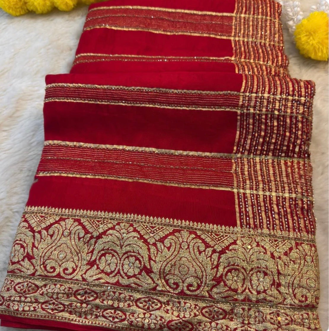 HO Silk Saree with Golden Zari Border & Sequin Work