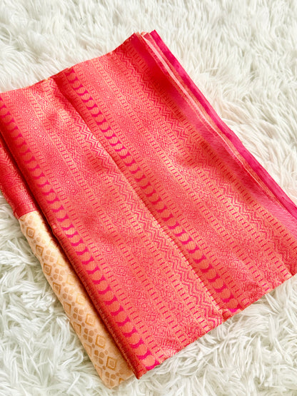 Pink fabric with a subtle pattern on a white fluffy surface