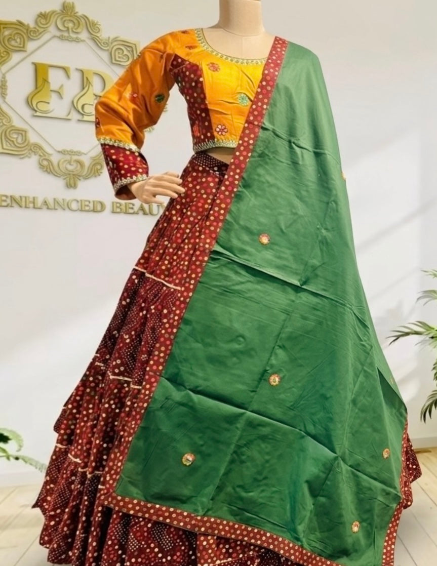 Pure Ikkat Cotton Navratri Lehenga Choli with Mirror Work Blous