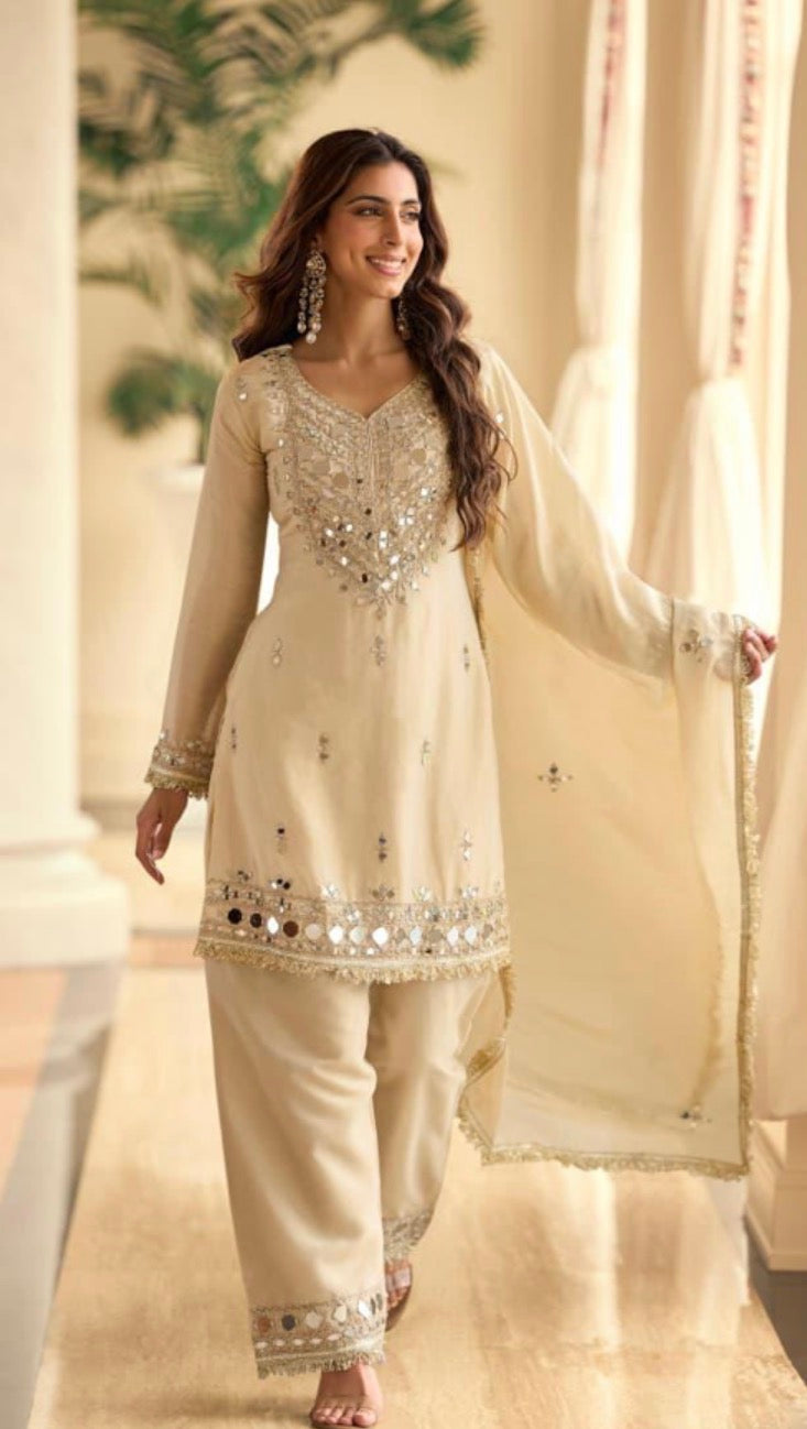 Mirror Work Simar Silk Suit Set with Embroidered Dupatta