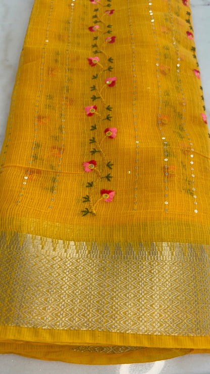 Sunshine Yellow Floral Cotton Saree with Sequins & Thread Embroidery