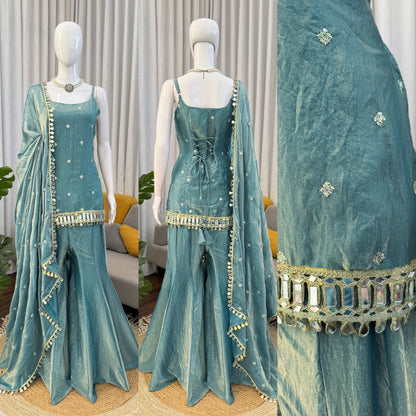 3-Piece Fendy Silk Plazo Set with Mirror Work